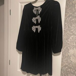 Pippa & Pearl Black Velvet Dress with Rhinestone Bows, Sz Small
